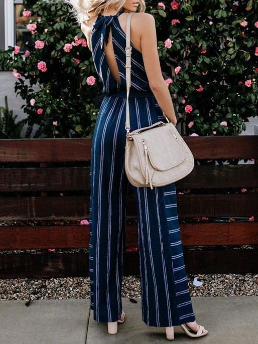 Fashion Striped V-neck Halterneck Jumpsuit for Women