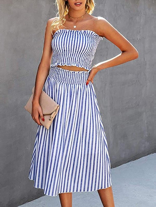 Fashion Stripes Sleeveless Crop Top & Skirt Set Set210524261BLUS Blue / S