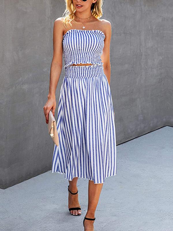Fashion Stripes Sleeveless Crop Top & Skirt Set