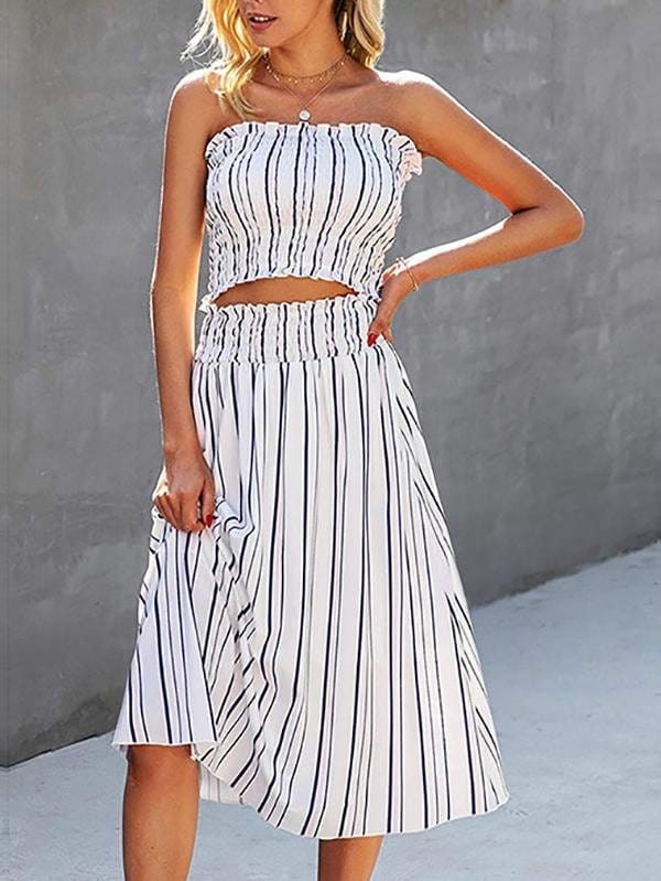Fashion Stripes Sleeveless Crop Top & Skirt Set Set210524261WHIS White / S