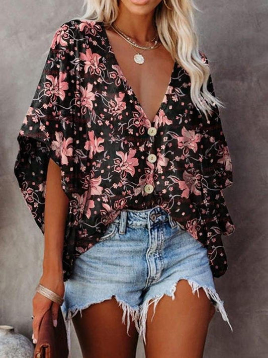 Fashion V-neck Bat Sleeve Floral Print Blouse BLO2107121184PINS Pink / S