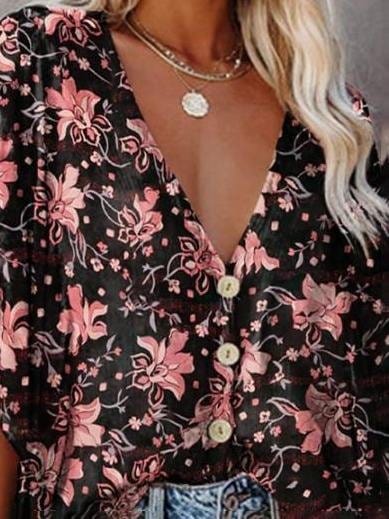 Fashion V-neck Bat Sleeve Floral Print Blouse