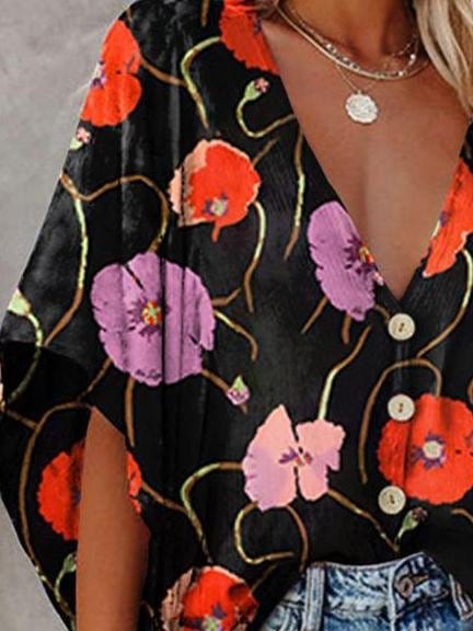 Fashion V-neck Bat Sleeve Floral Print Blouse