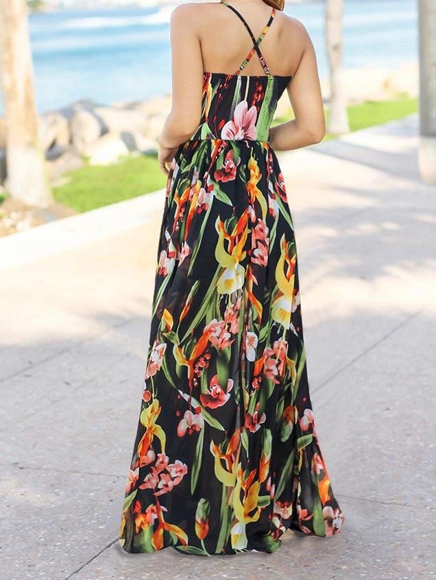 Fashion V-neck Bohemian Floral Sling Long Skirt