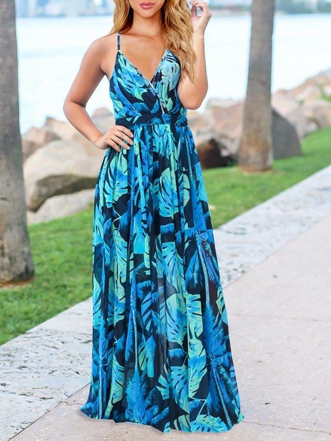 Fashion V-neck Bohemian Floral Sling Long Skirt DRE2106090236BLABS Black Blue / S