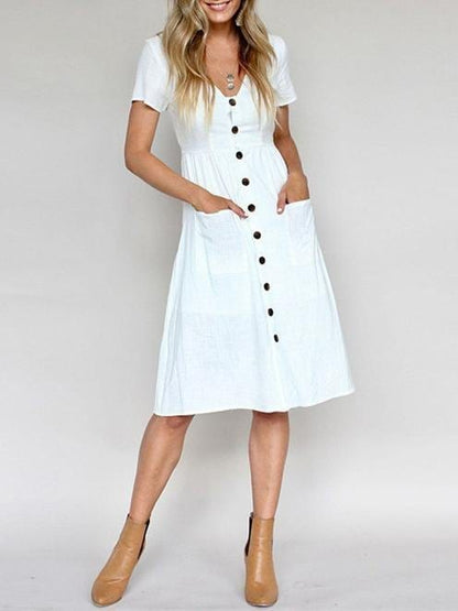 Fashion V-neck Button Pocket Short Sleeve Dress DRE2105311121WHIS White / S