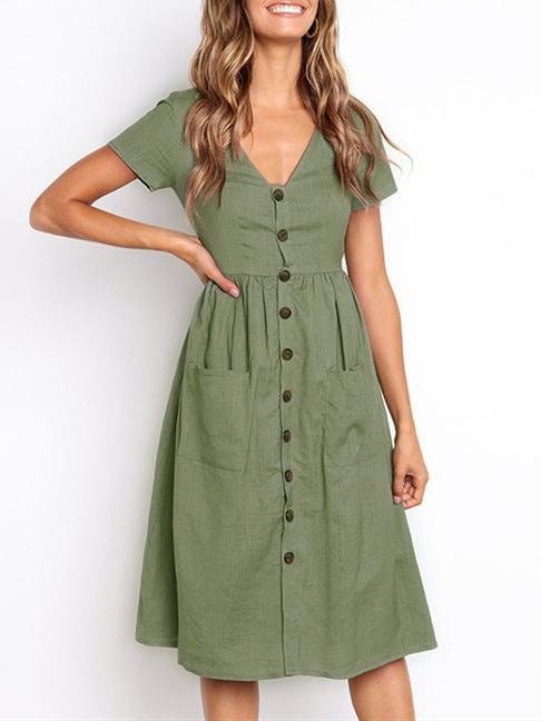 Fashion V-neck Button Pocket Short Sleeve Dress DRE2105311121GRES Green / S