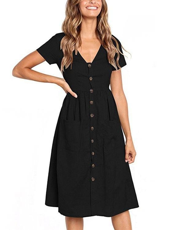 Fashion V-neck Button Pocket Short Sleeve Dress DRE2105311121BLAS Black / S
