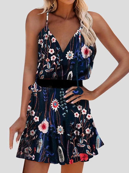 Fashion V-neck Floral Print Sling Dress DRE2107222202BLUS Blue / 2 (S)