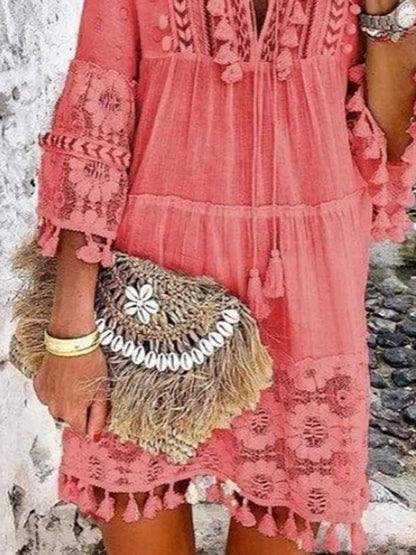 Fashion V-neck Lace Fringed Mini Dress