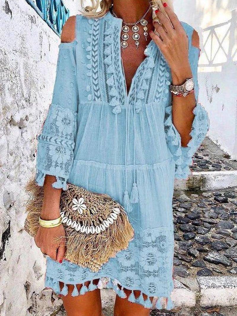 Fashion V-neck Lace Fringed Mini Dress