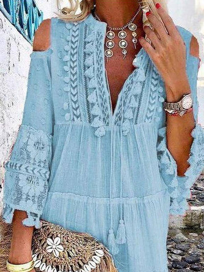 Fashion V-neck Lace Fringed Mini Dress