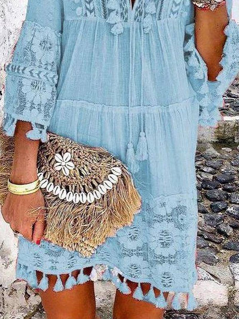 Fashion V-neck Lace Fringed Mini Dress