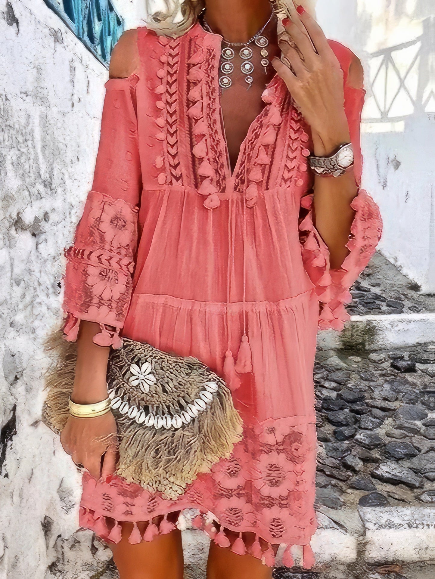 Fashion V-neck Lace Fringed Mini Dress