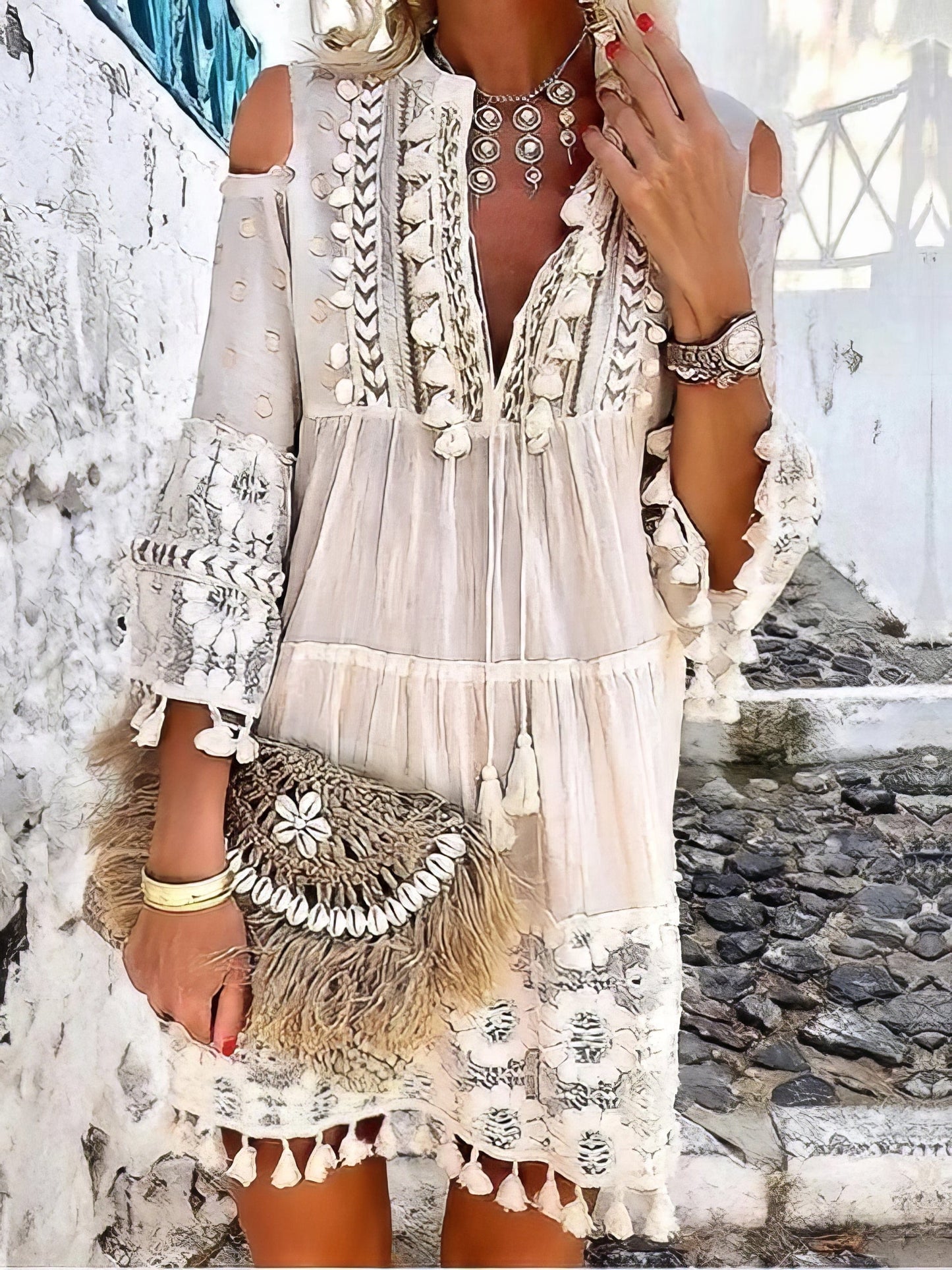 Fashion V-neck Lace Fringed Mini Dress DRE2105241078WHIS White / 2 (S)