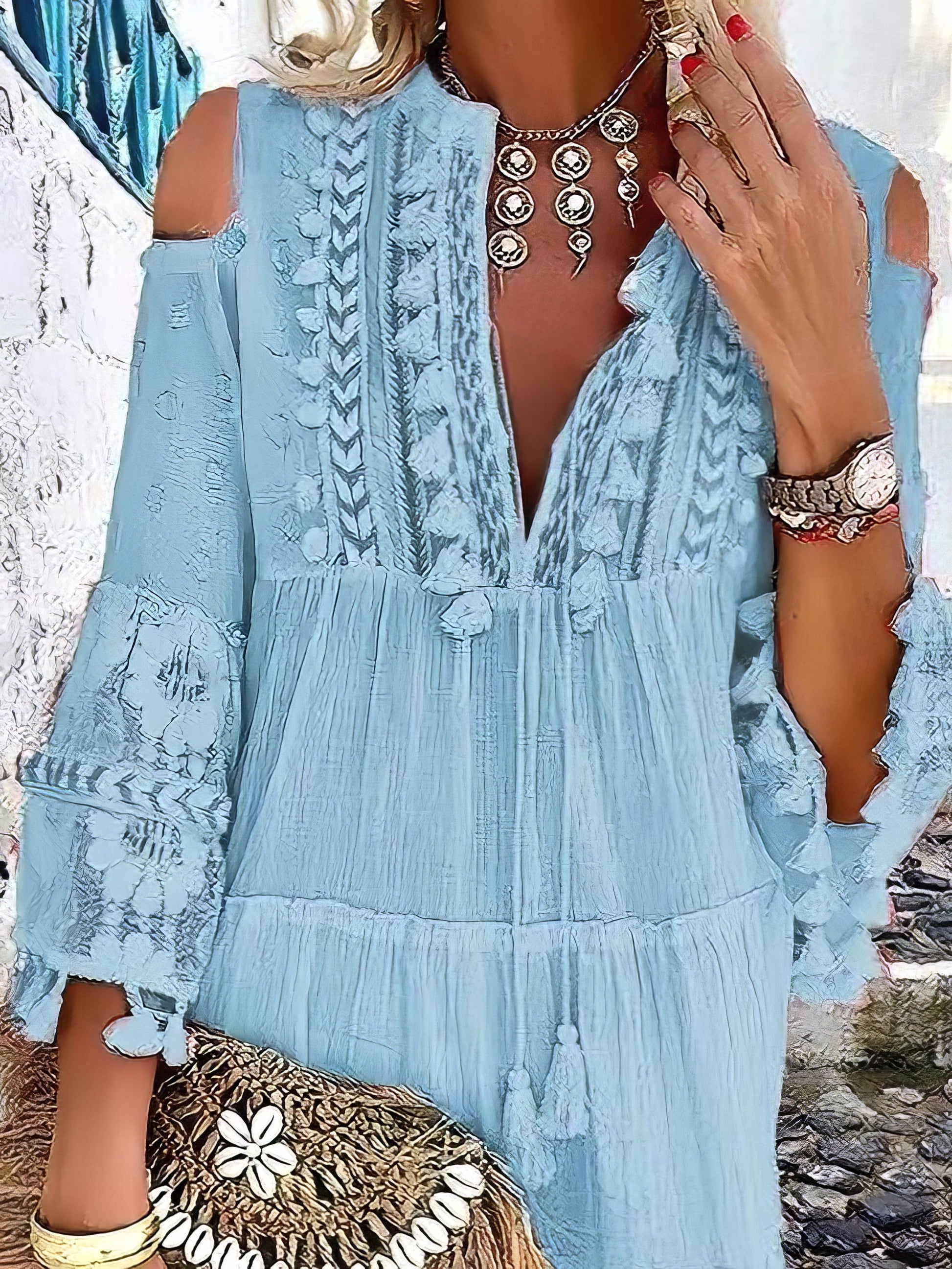 Fashion V-neck Lace Fringed Mini Dress