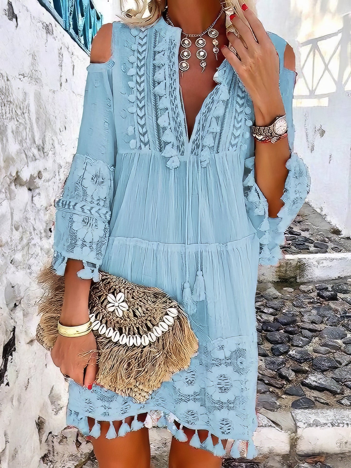 Fashion V-neck Lace Fringed Mini Dress DRE2105241078LIGHTBLUS LightBlue / 2 (S)