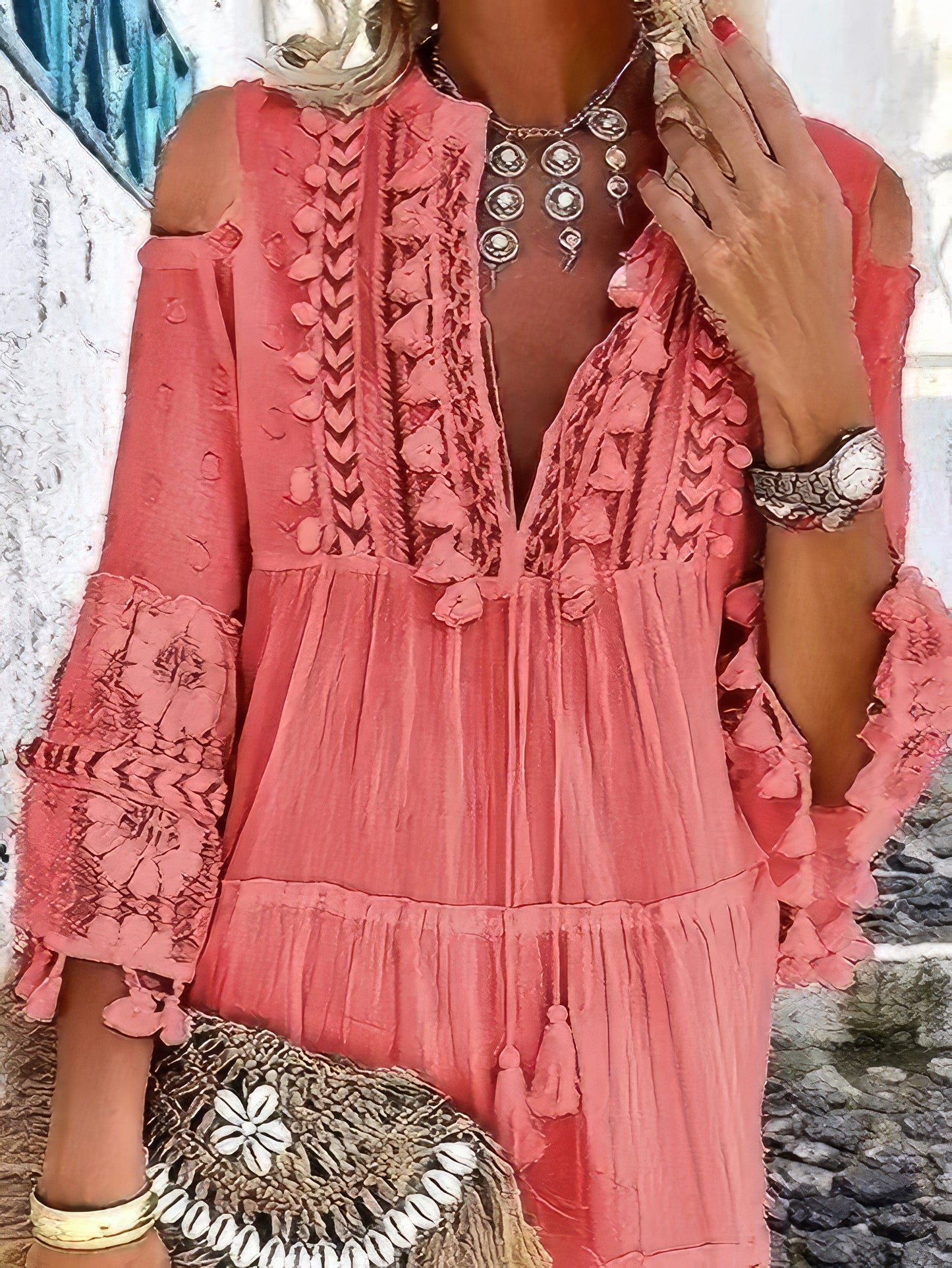 Fashion V-neck Lace Fringed Mini Dress