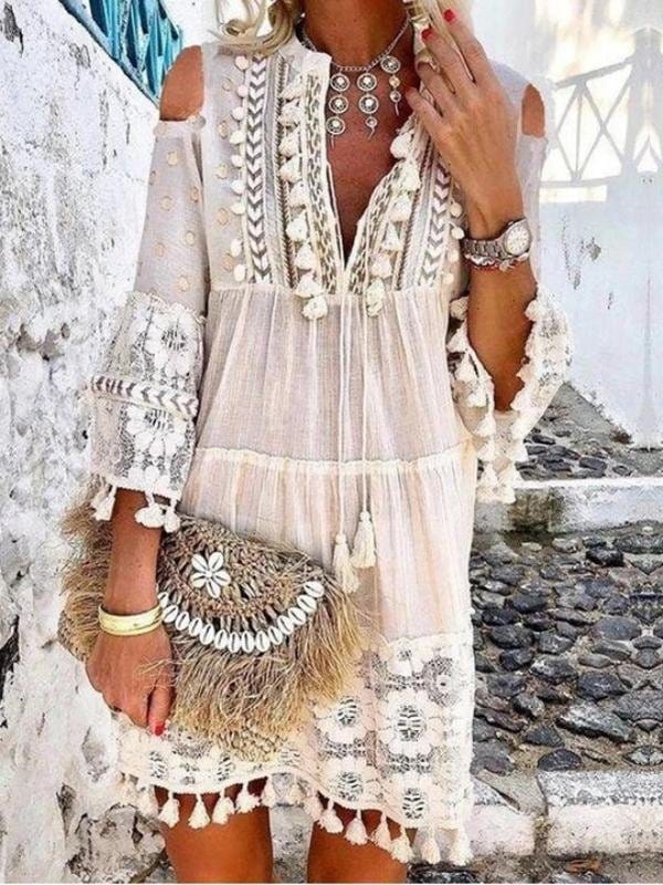 Fashion V-neck Lace Fringed Mini Dress for Women