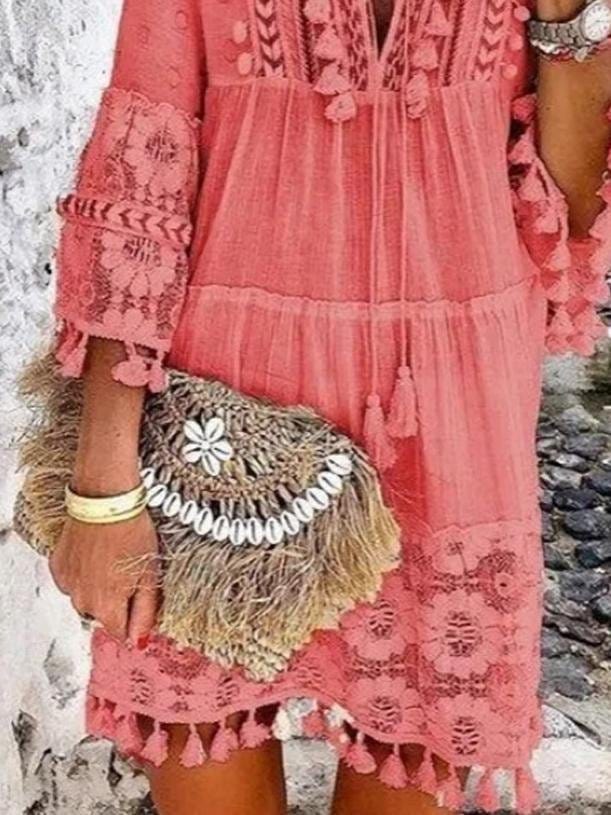 Fashion V-neck Lace Fringed Mini Dress for Women