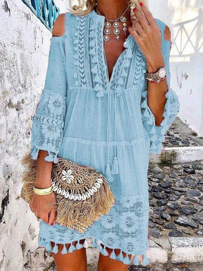 Fashion V-neck Lace Fringed Mini Dress for Women DRE2105241078LIGHTBLUS Light Blue / S