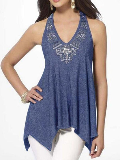 Fashion V-neck Lace Halter Vest TAN210520175BLUS Blue / S