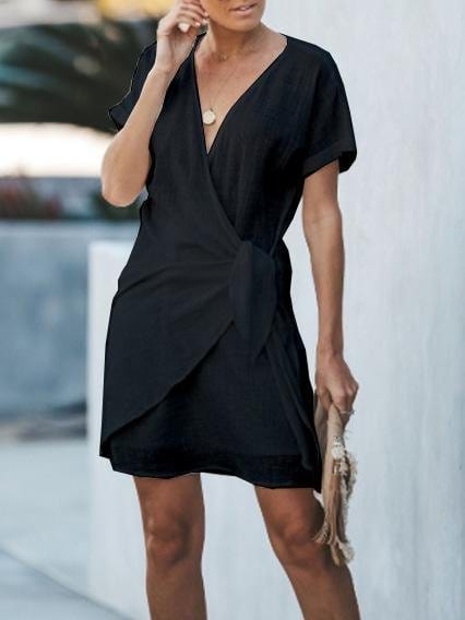 Fashion V-neck Lace-up Short Dress DRE2107021544BLAS Black / S