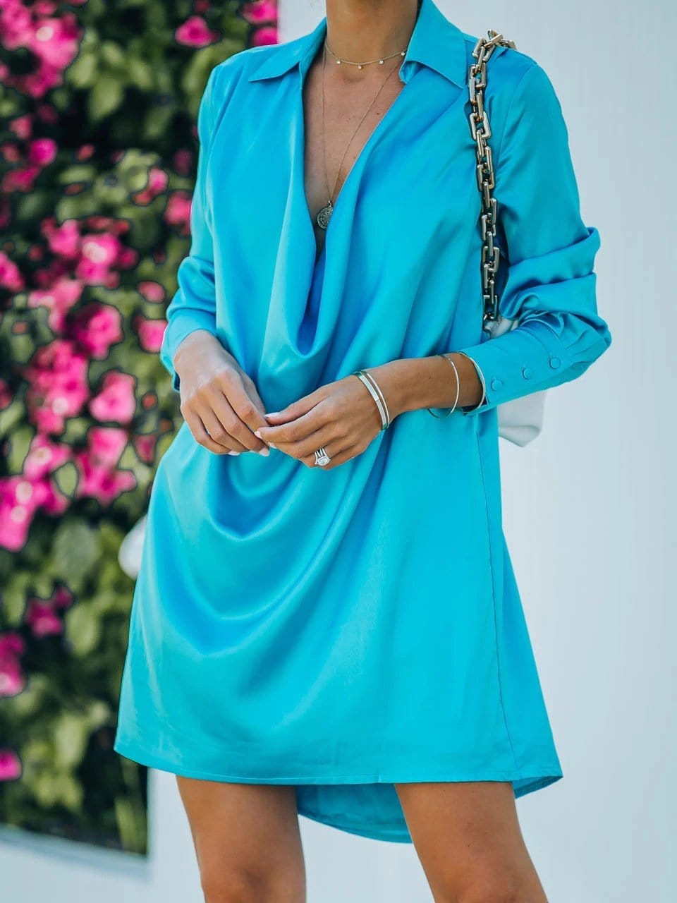 Fashion V-neck Long Sleeve Dress DRE2106301404BLUS Blue / S