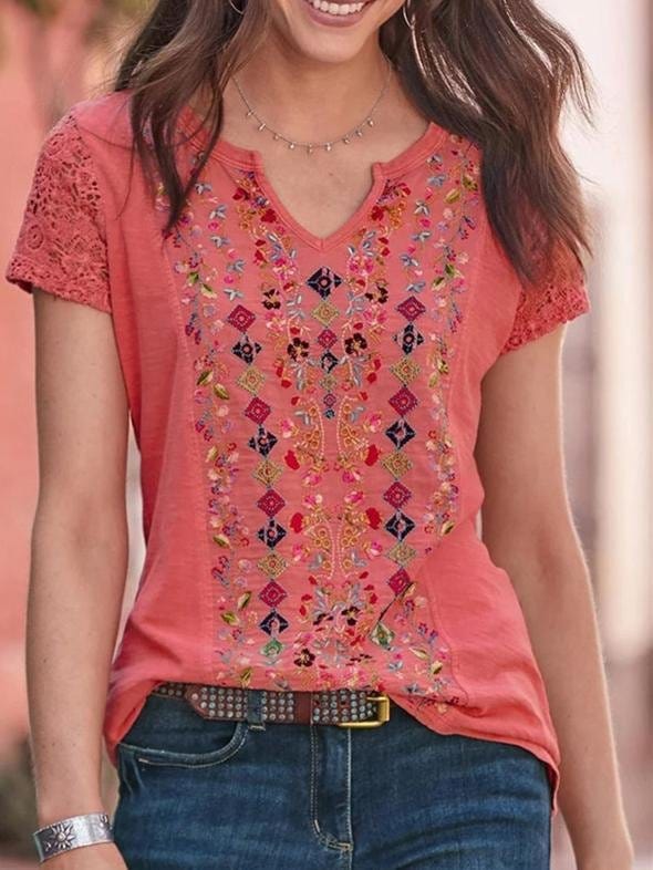 Fashion V-neck Stitching Short-sleeved T-shirt TSH2106170391PINS Pink / S