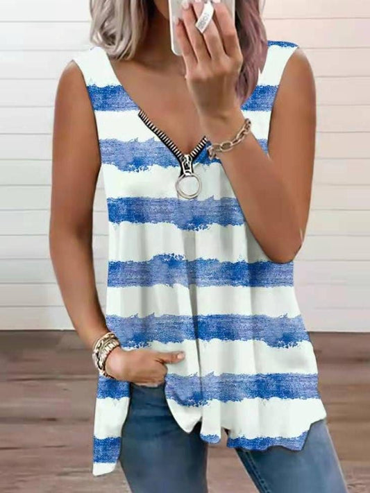 Fashion Zipper V-neck Striped Loose Vest TAN2107051216BLUS Blue / S