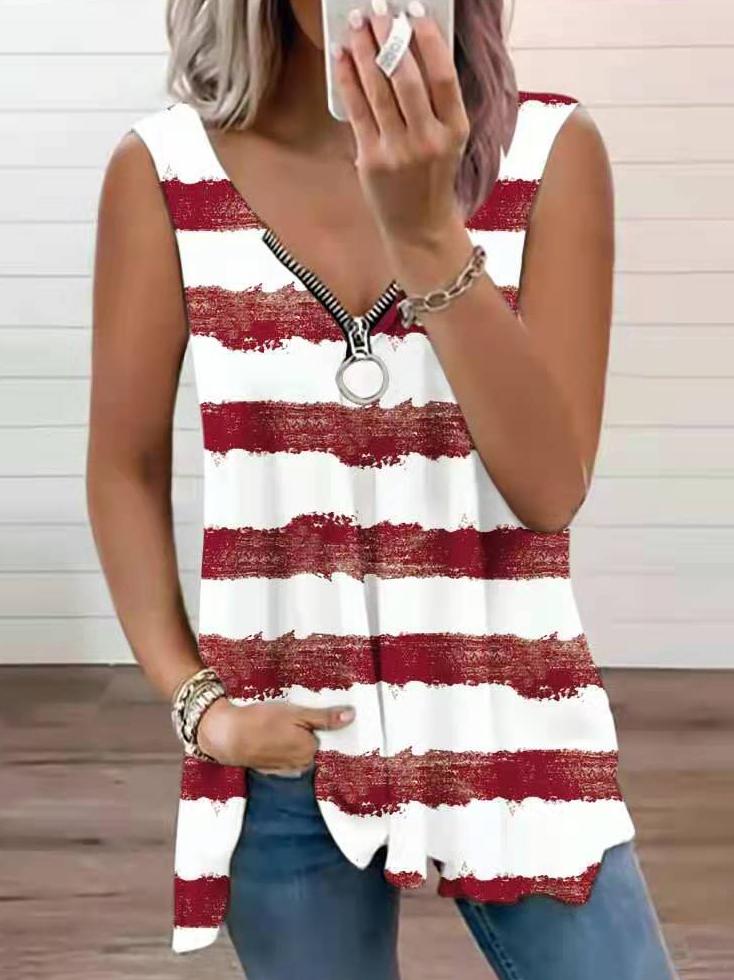 Fashion Zipper V-neck Striped Loose Vest TAN2107051216WREDS Wine Red / S