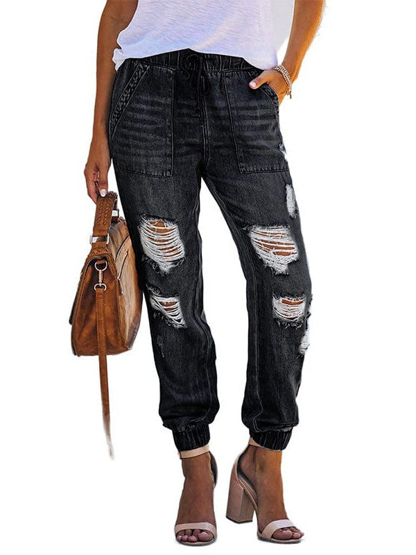 Fashionable and Stylish Denim Harem Jeans with Ripped Legs for Women