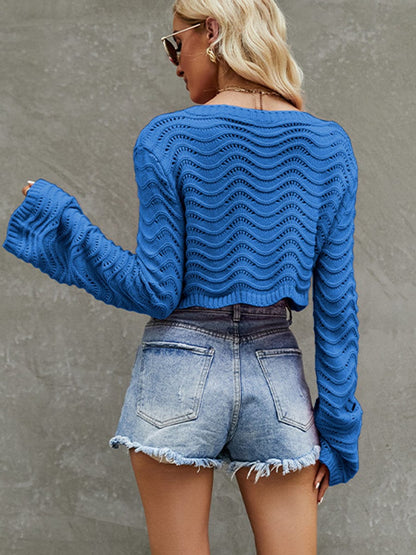 Fashionable Cropped Knit Solid Color Hollow Sweater