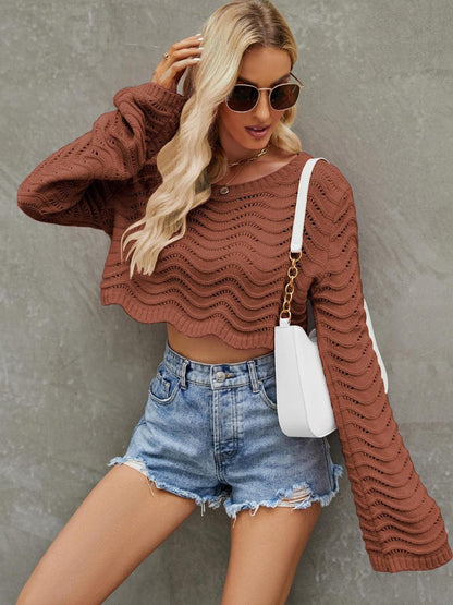 Fashionable Cropped Knit Solid Color Hollow Sweater SWE2307050013SBRS SaddleBrown / 2 (S)