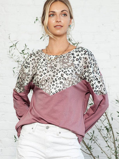 Fashionable Leopard Print Contrast Sweatshirt with Loose Round Neck Long Sleeve for Women