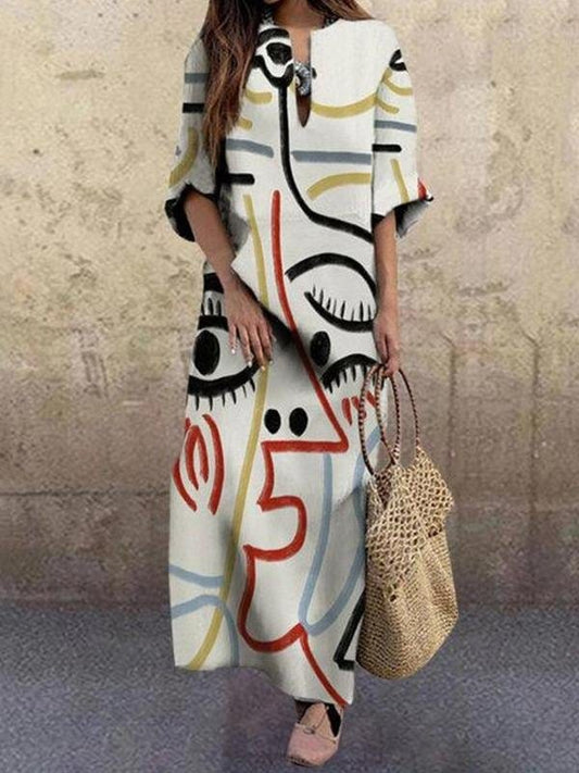 Fashionable Printed V Neck Maxi Dress DRE2106150439WHIS White / S