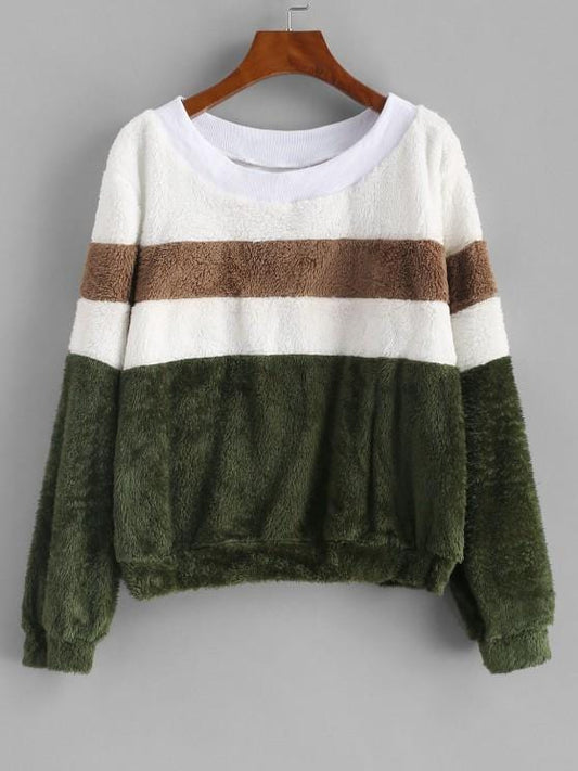 Faux Fur Colorblock Ribbed Neckline Sweatshirt SWE210309157S S