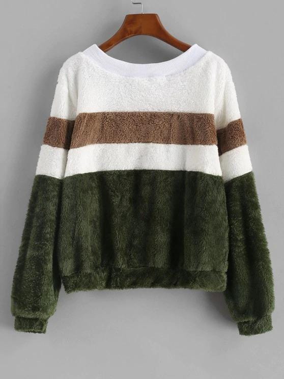 Faux Fur Colorblock Ribbed Neckline Sweatshirt