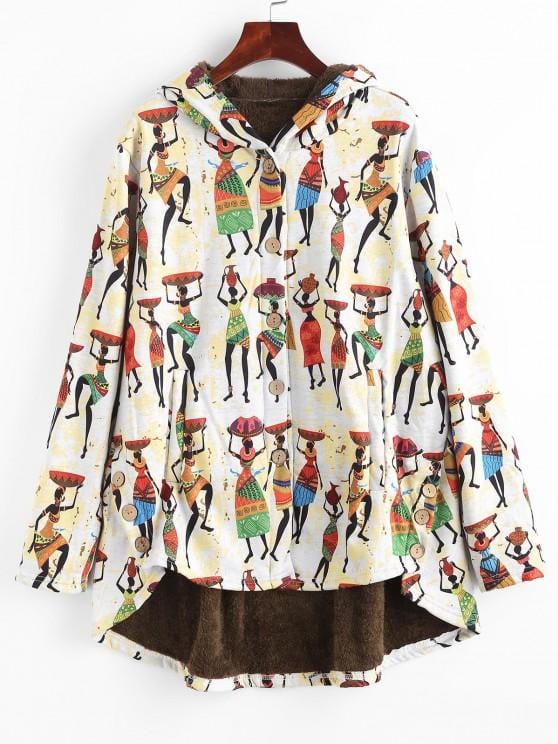 Faux Fur Lined Indian Print High Low Coat for Women