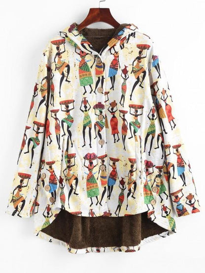 Faux Fur Lined Indian Print High Low Coat for Women