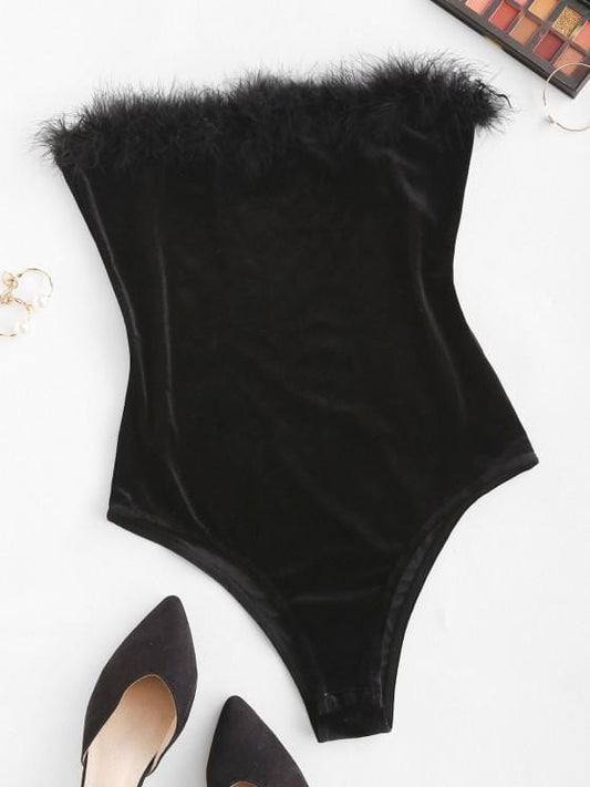 Faux Fur Panel Velvet Strapless Bodysuit BOD210301143BLAS Black / S