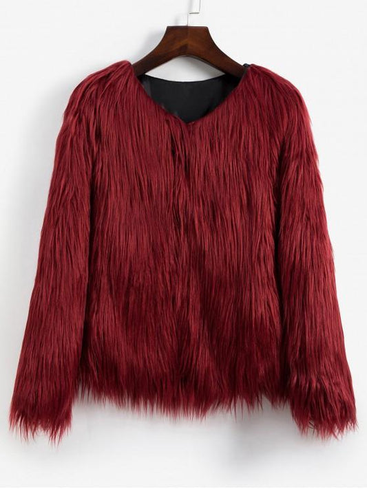 Faux Fur Shaggy Style Plush Fluffy Coat temp2021524405 Red Wine / XS