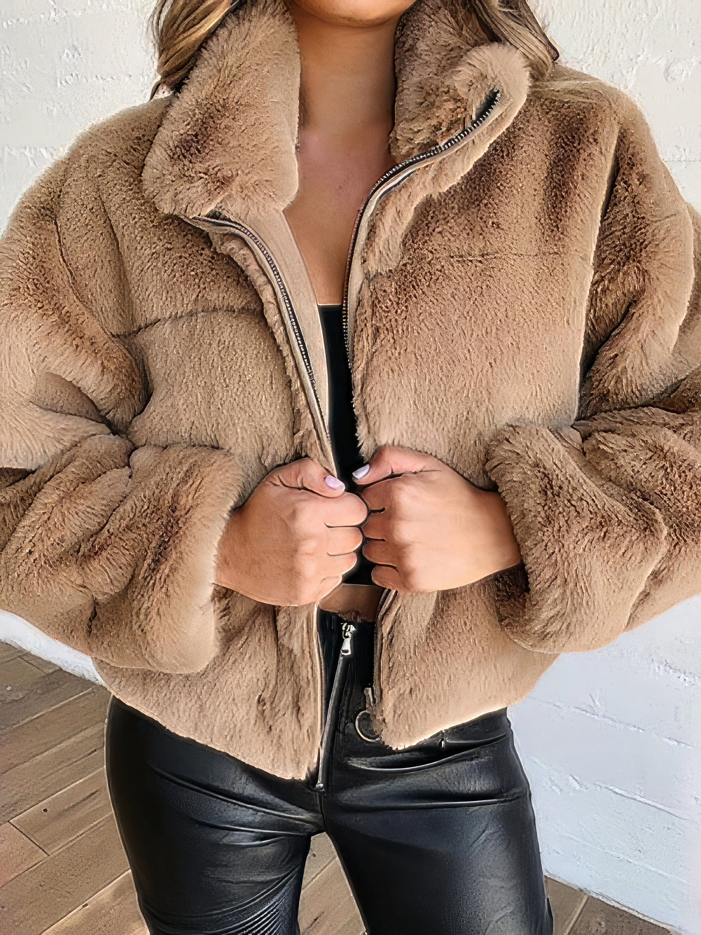 Faux Fur Zip Cardigan Plush Coat COA2109101138KHAS Khaki / 2 (S)