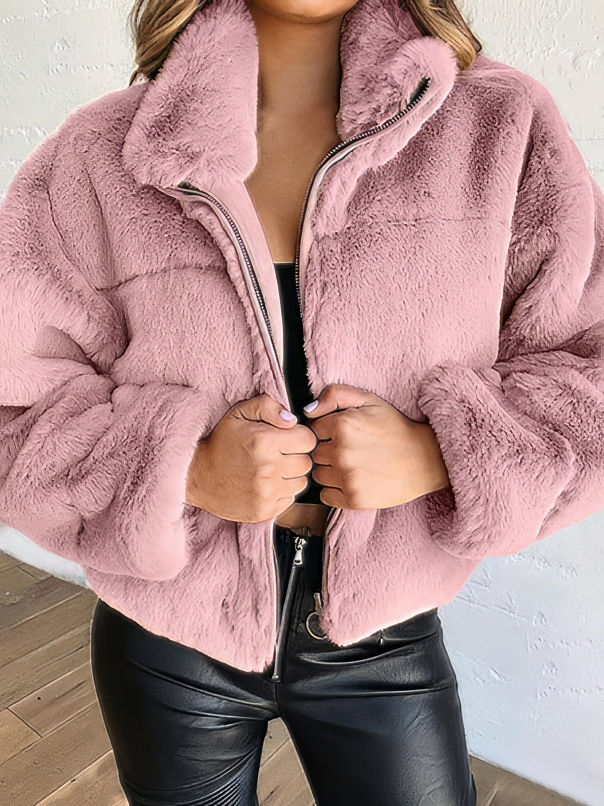 Faux Fur Zip Cardigan Plush Coat COA2109101138PINS Pink / 2 (S)
