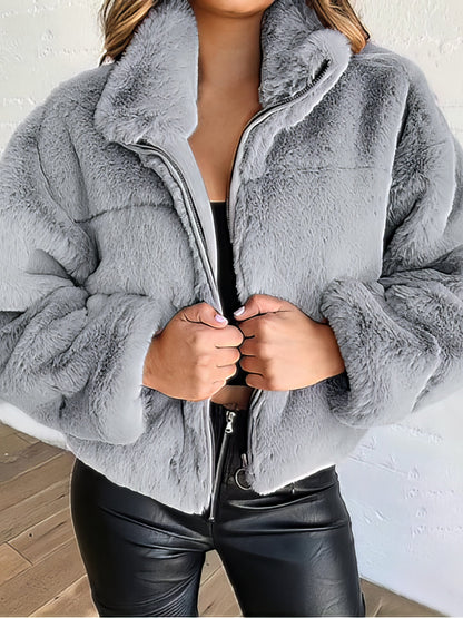 Faux Fur Zip Cardigan Plush Coat COA2109101138GRES Gray / 2 (S)