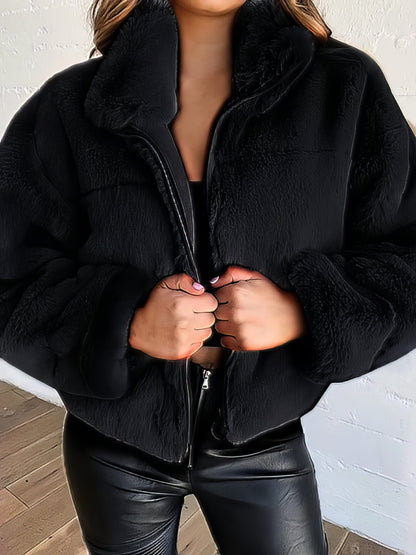 Faux Fur Zip Cardigan Plush Coat COA2109101138BLAS Black / 2 (S)