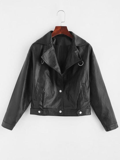 Faux Leather Snap Button Pockets Biker Jacket for Women