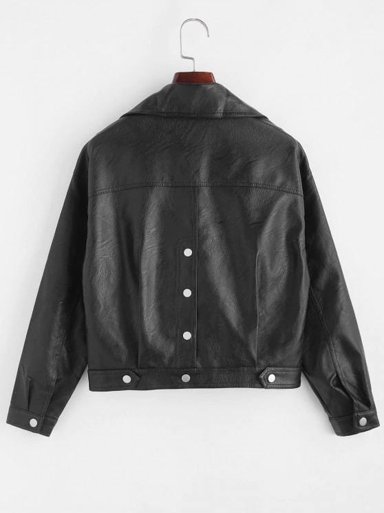 Faux Leather Snap Button Pockets Biker Jacket for Women