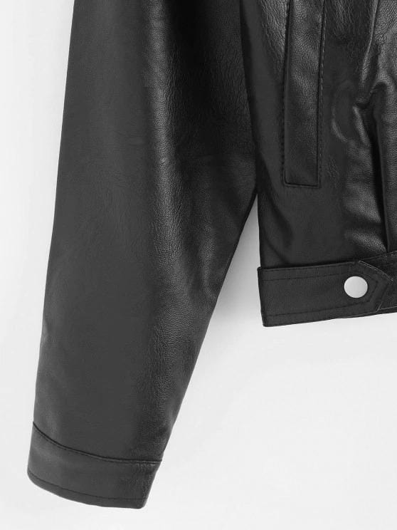 Faux Leather Snap Button Pockets Biker Jacket for Women