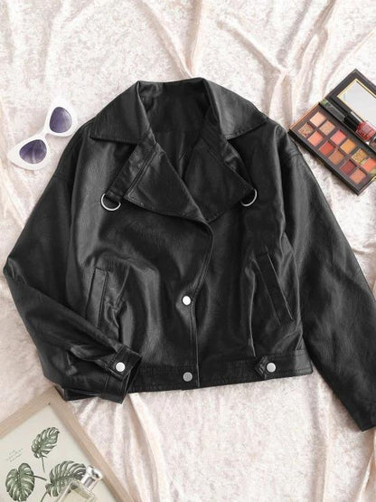 Faux Leather Snap Button Pockets Biker Jacket for Women